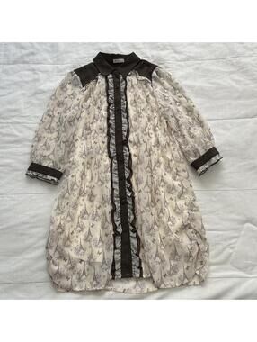 Axes Femme Cream Eiffel Tower Print Ruffle Shirt Dress Size M Japan